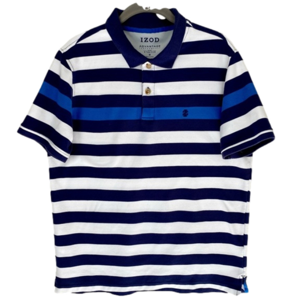 IZOD Polo Shirt Advantage Performance Natural Stretch Blue White Stripe Mens M
